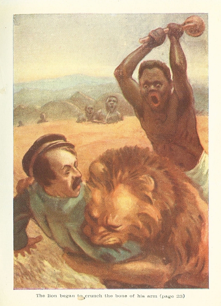 The lion began to crunch the bone of his arm