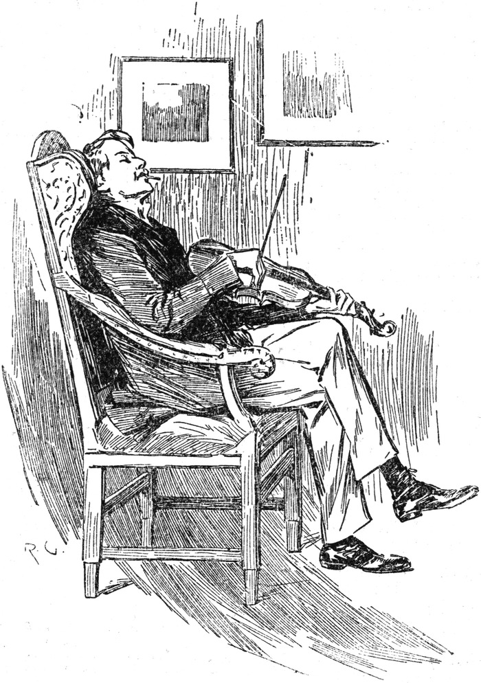 Sherlock Holmes sitzt in
  Gedanken versunken in seinem Sessel und spielt Violine