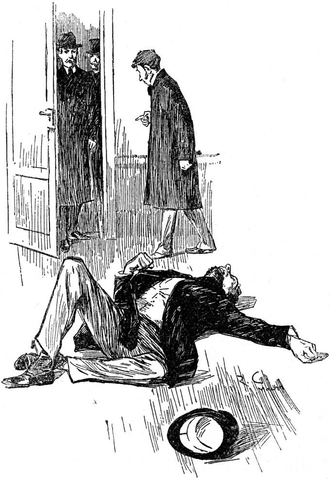 Ein Toter liegt auf dem
  Boden, während Holmes und Watson zur Tür hereinkommen