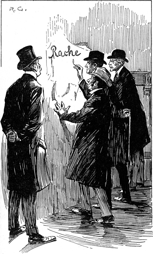 Holmes, Watson, Lestrade
  und Gregson untersuchen den Schriftzug an der Wand