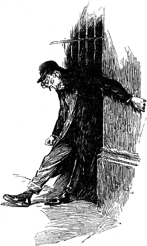 Ein Betrunkener lehnt an
  einem Gitter