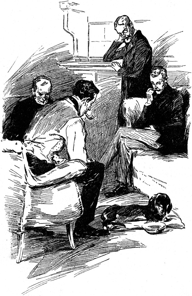 Holmes, Watson und
  Lestrade beobachten den Hund