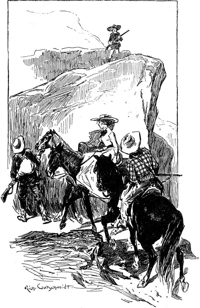 Die Flüchtenden passieren
  den Wächter, der mit seinem Gewehr im Arm auf einem Felsen steht