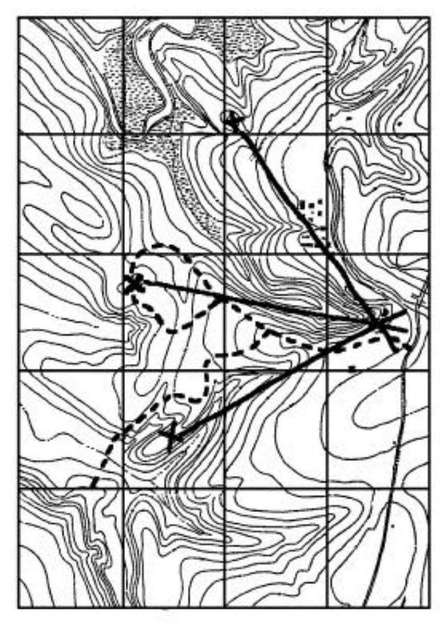 Sketch of a topographical map showing known positions and lines intersecting them to determine location of an unknown point.