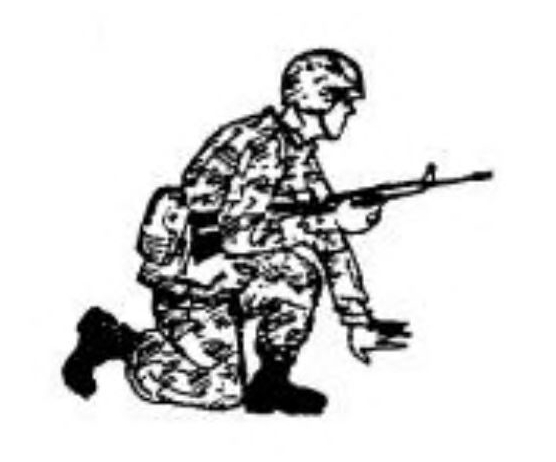 Sketch of a soldier in camouflage with left knee on the ground, right hand holding rifle with right elbow resting on right knee, left hand extended to ground for balance.