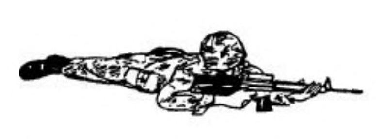 Sketch of a soldier in camouflage prone on the ground, aiming rifle to fire.