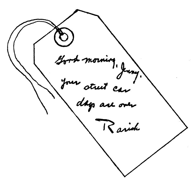 Drawing of a tag with words on it
   and with a hole that has string through it.