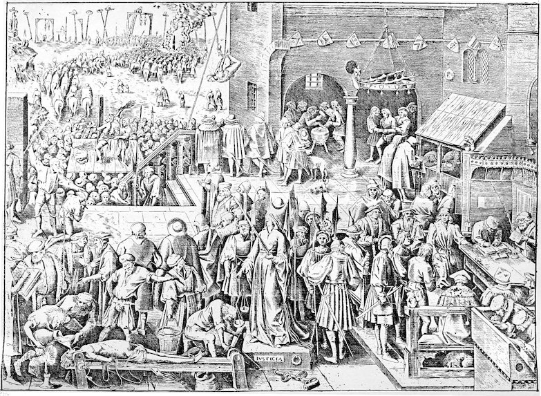 A complex, detailed historical engraving serving as a book frontispiece, representing justice and punishment. In the center stands a blindfolded statue of Justitia holding a sword and scales. The surrounding courtyard is filled with legal proceedings, scribes writing at desks, prisoners on a rack, and a distant background showing public executions by hanging and burning.